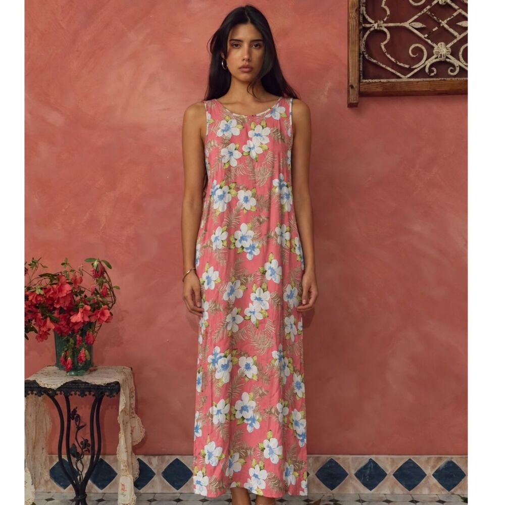 Marsh Landing Pink Tropical Floral Sleeveless Maxi Dress Size L Rayon Resort